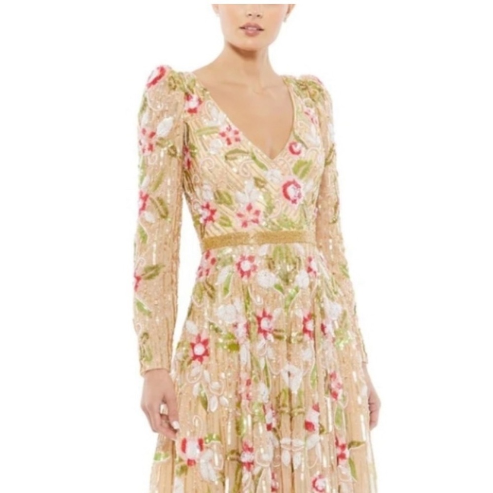 Mac Duggal Embroidered Midi Dress - Gold, Pink, Green